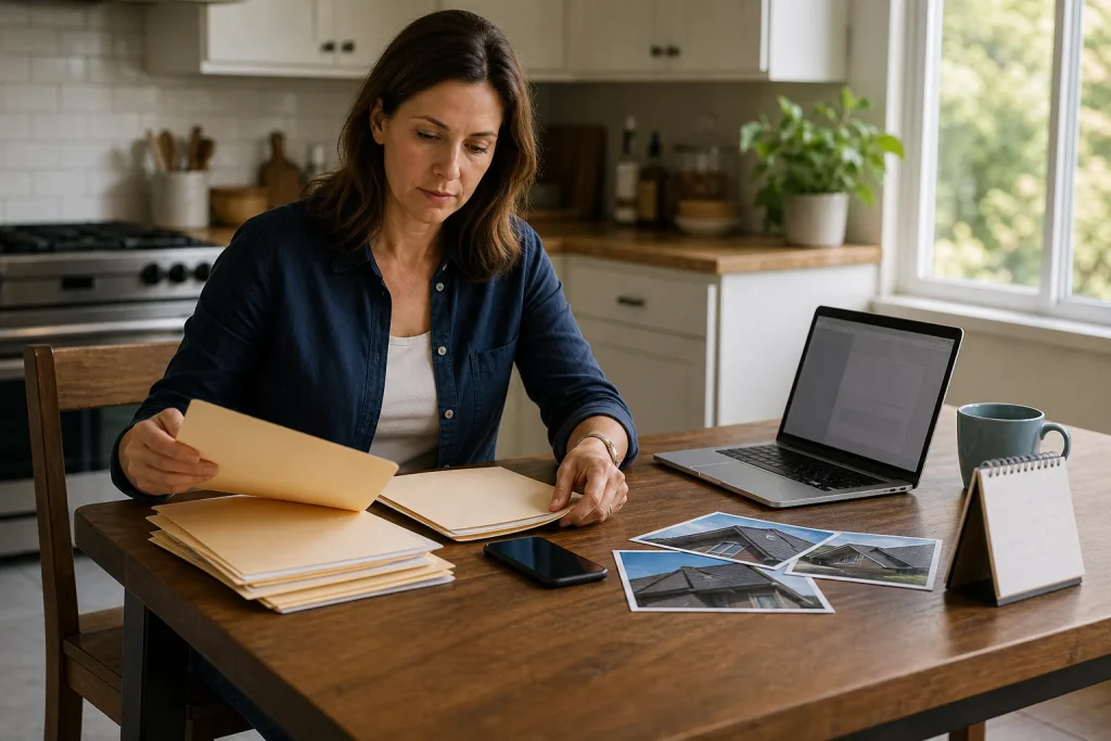Homeowner organizes claim records, photographs, and dates for a disputed roof insurance claim